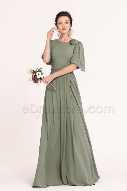 Modest Eucalyptus Green Bridesmaid Dresses Flutter Sleeves