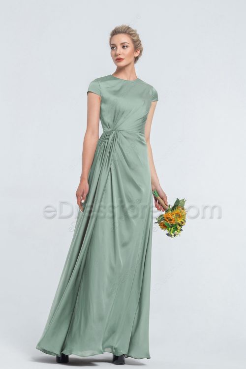 Modest Eucalyptus Satin Bridesmaid Dresses Cap Sleeves