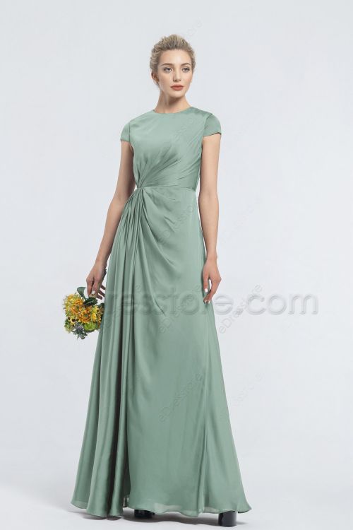 Modest Eucalyptus Satin Bridesmaid Dresses Cap Sleeves