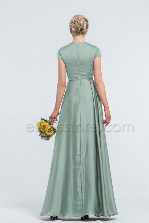 Modest Eucalyptus Satin Bridesmaid Dresses Cap Sleeves