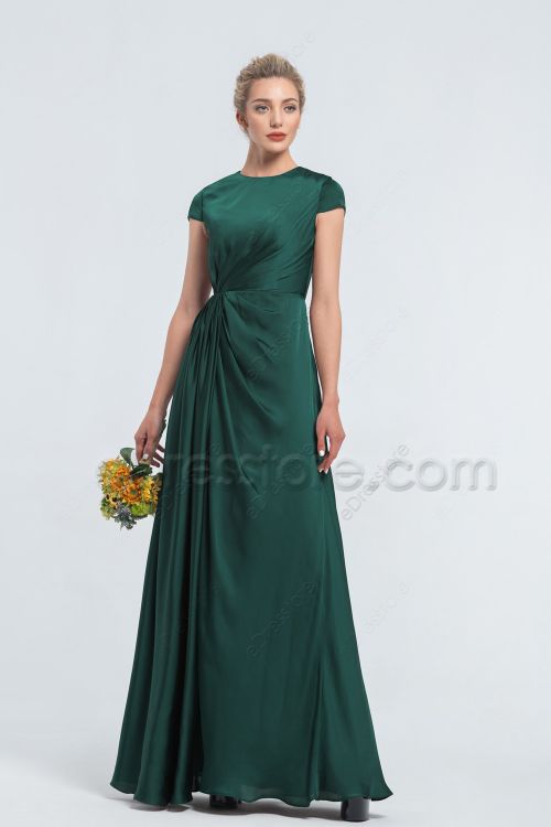 Modest Forest Green Satin Bridesmaid Dresses