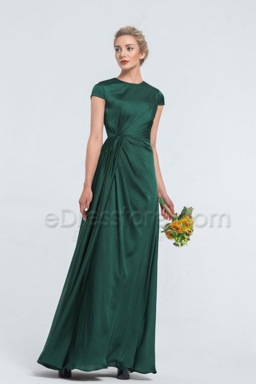 Modest Forest Green Satin Bridesmaid Dresses
