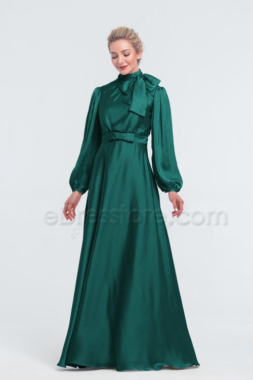 Modest Forest Green Satin Bridesmaid Dresses Long Sleeves Winter