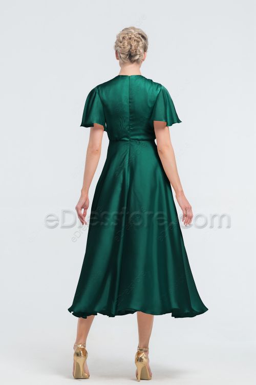 Modest Forest Green Satin Bridesmaid Dresses Tea Length