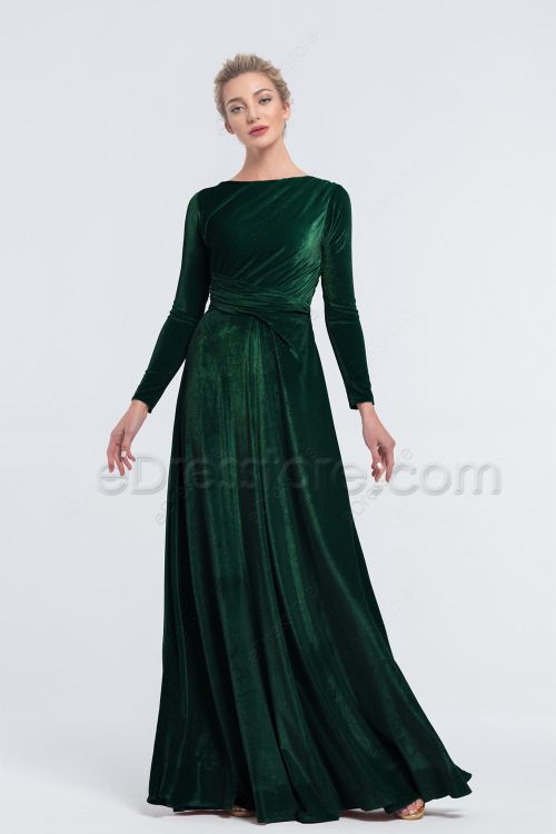 Modest Forest Green Velvet Bridesmaid Dresses Long Sleeves for Winter Weddings