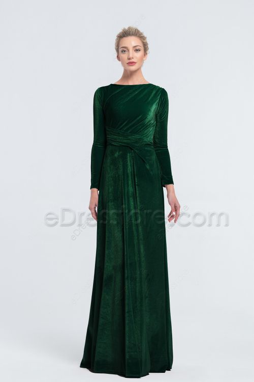 Modest Forest Green Velvet Bridesmaid Dresses Long Sleeves for Winter Weddings