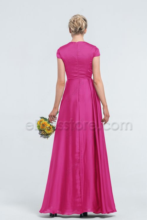 Modest Hot Pink Satin Bridesmaid Dresses