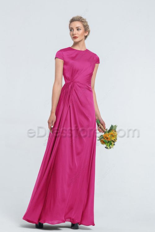 Modest Hot Pink Satin Bridesmaid Dresses