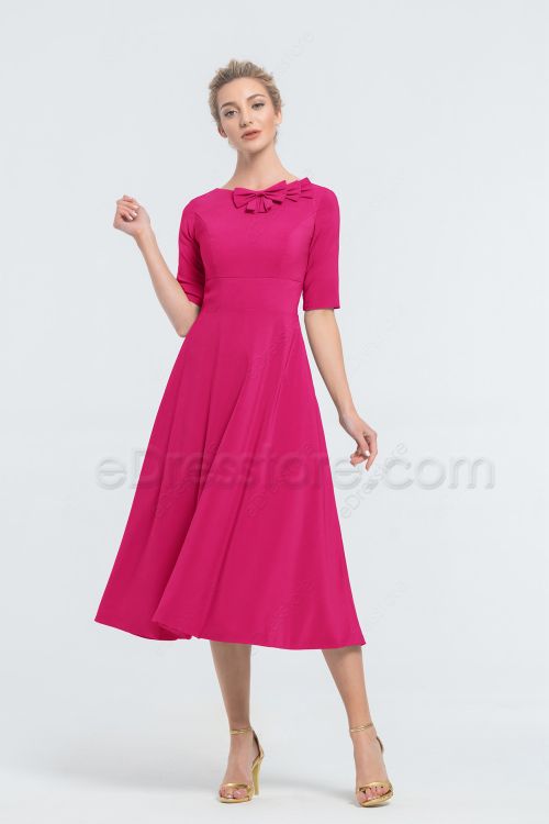 Modest Hot Pink Tea Length Bridesmaid Dresses Elbow Sleeves