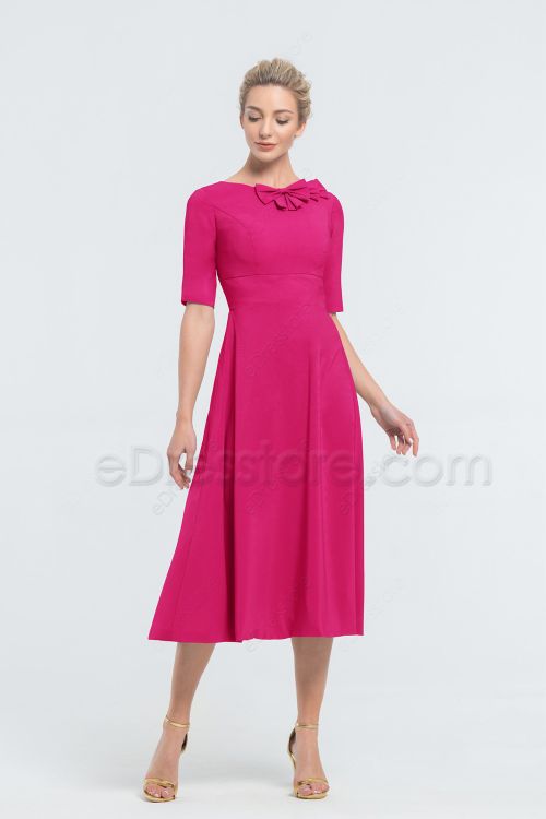 Modest Hot Pink Tea Length Bridesmaid Dresses Elbow Sleeves