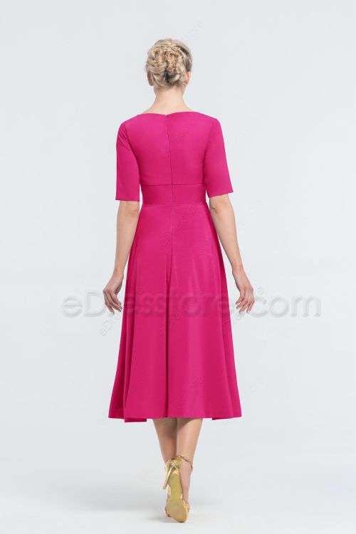 Modest Hot Pink Tea Length Bridesmaid Dresses Elbow Sleeves