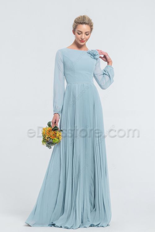 Modest Ice Blue Chiffon Bridesmaid Dresses Long Sleeves