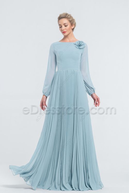 Modest Ice Blue Chiffon Bridesmaid Dresses Long Sleeves