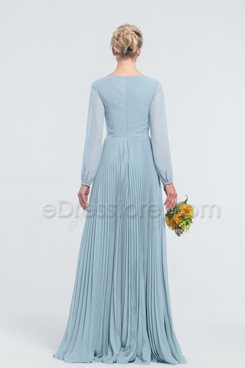 Modest Ice Blue Chiffon Bridesmaid Dresses Long Sleeves