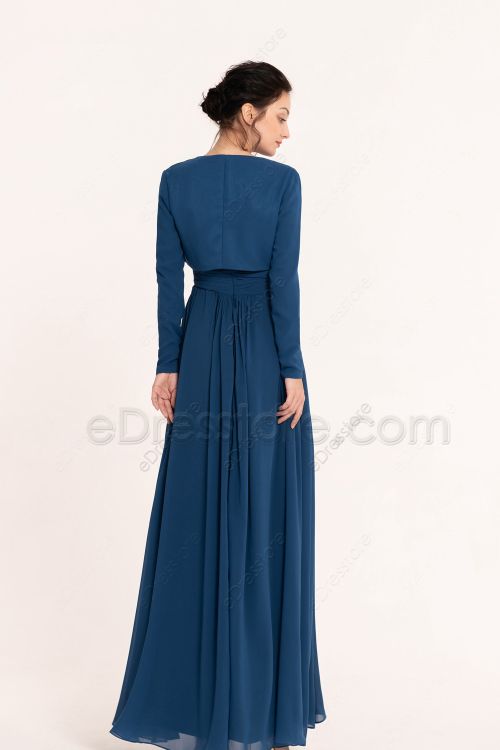 Modest Indigo Blue Bridesmaid Dresses with Long Sleeve Bolero