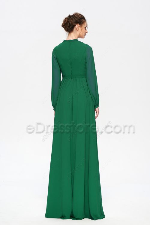 Modest Jewel Tone Emerald Green Fall wedding Bridesmaid Dress Long Sleeves
