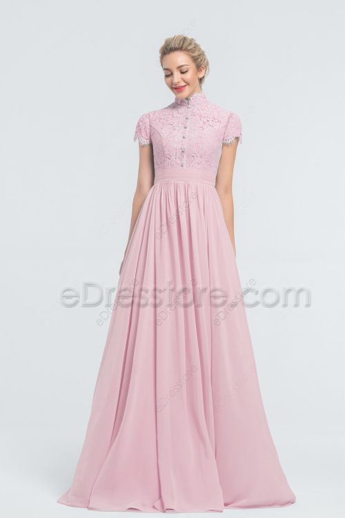 Modest Lace Chiffon Baby Pink Bridesmaid Dresses Cap Sleeves