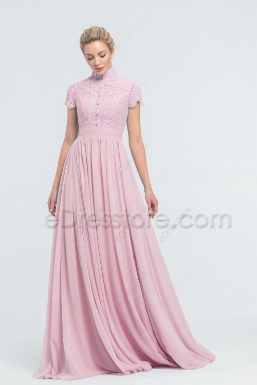 Modest Lace Chiffon Baby Pink Bridesmaid Dresses Cap Sleeves