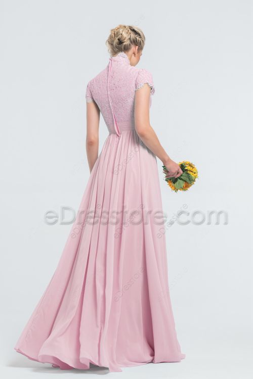 Modest Lace Chiffon Baby Pink Bridesmaid Dresses Cap Sleeves