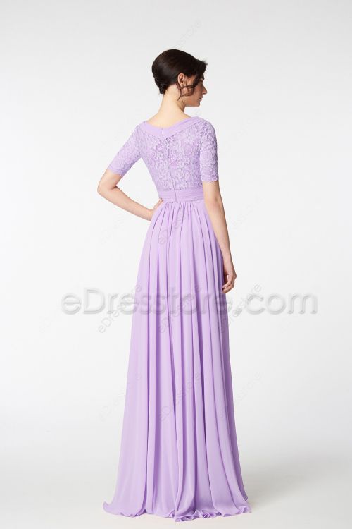 Modest Lace Chiffon Lilac Bridesmaid Dresses with Sleeves