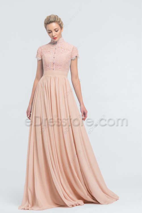 Modest Lace Chiffon Peach Bridesmaid Dresses Cap Sleeves