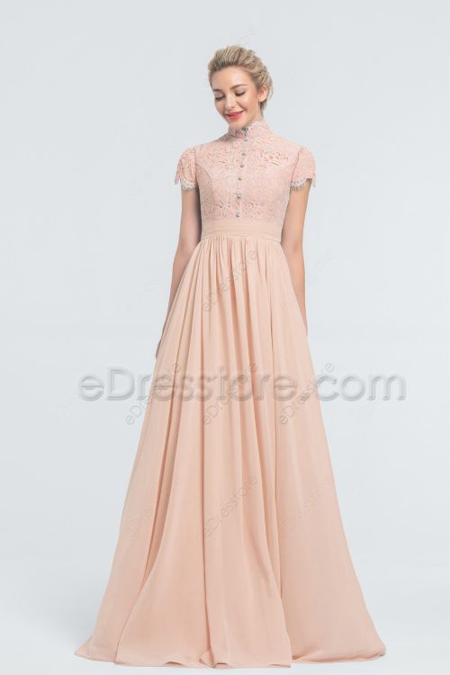 Modest Lace Chiffon Peach Bridesmaid Dresses Cap Sleeves