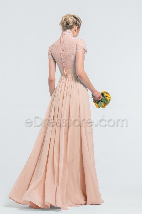 Modest Lace Chiffon Peach Bridesmaid Dresses Cap Sleeves