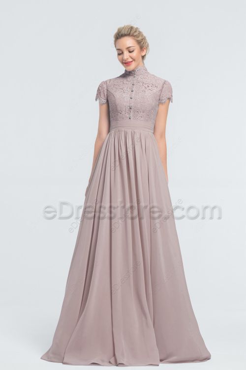 Modest Lace Chiffon Taupe Bridesmaid Dresses Cap Sleeves