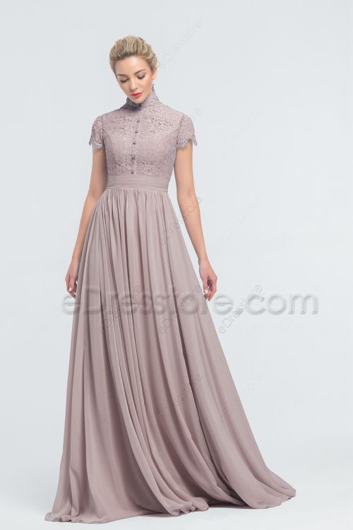 Modest Lace Chiffon Taupe Bridesmaid Dresses Cap Sleeves