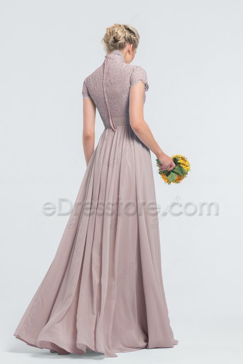 Modest Lace Chiffon Taupe Bridesmaid Dresses Cap Sleeves