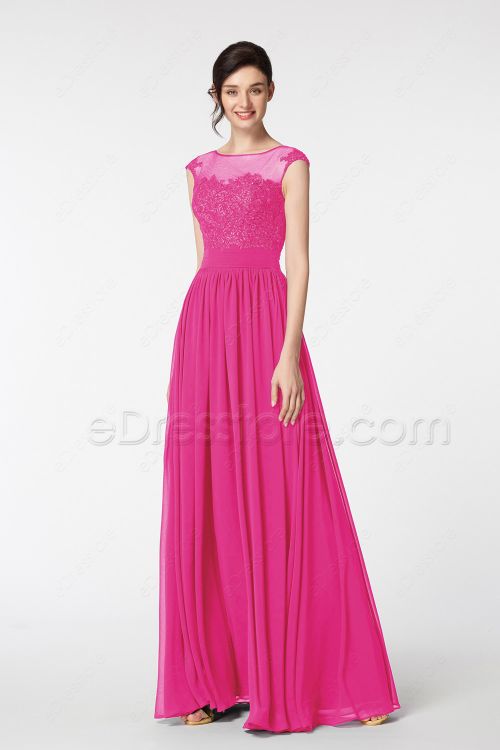 Modest Lace Embroidered Hot Pink Bridesmaid Dresses