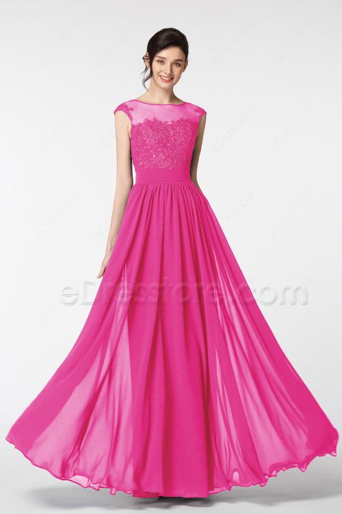 Modest Lace Embroidered Hot Pink Bridesmaid Dresses