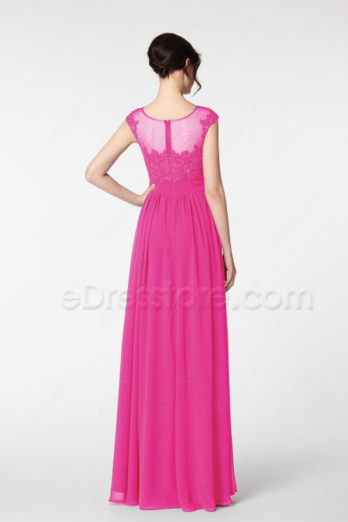 Modest Lace Embroidered Hot Pink Bridesmaid Dresses