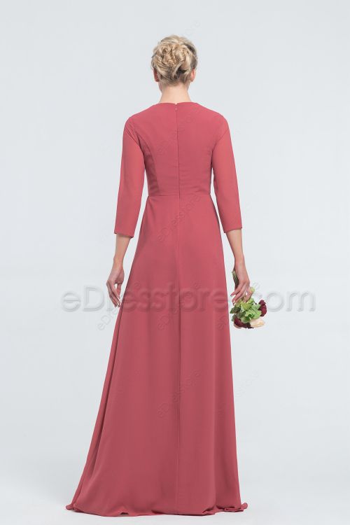 Modest LDS Affordable Rosewood Bridesmaid Dresses with Sleeves