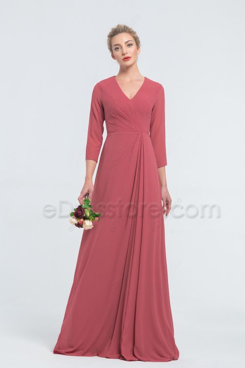 Modest LDS Affordable Rosewood Bridesmaid Dresses with Sleeves