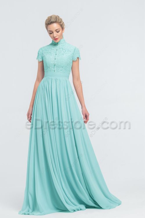 Modest LDS Aqua Blue Lace Chiffon Bridesmaid Dresses