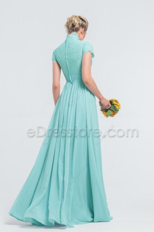 Modest LDS Aqua Blue Lace Chiffon Bridesmaid Dresses