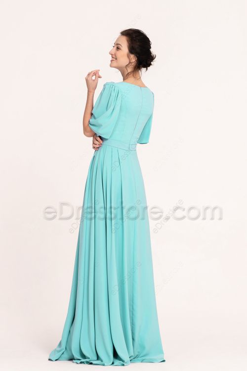 Modest LDS Aqua Bridesmaid Dresses with Sleeves