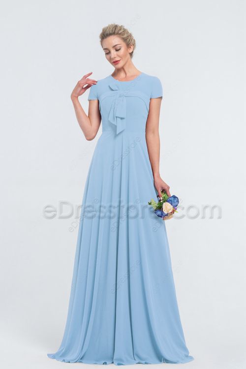 Modest LDS Baby Blue Bridesmaid Dresses with Sleeves