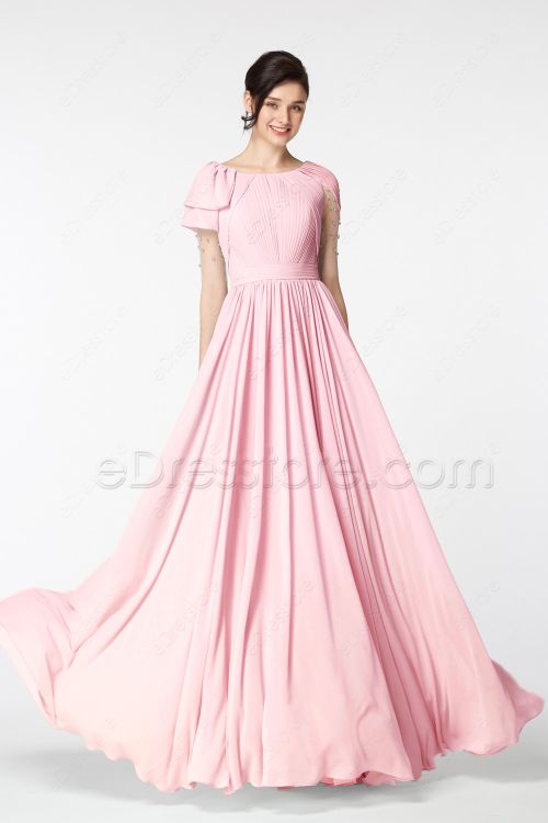 Modest LDS Baby Pink Bridesmaid Dresses