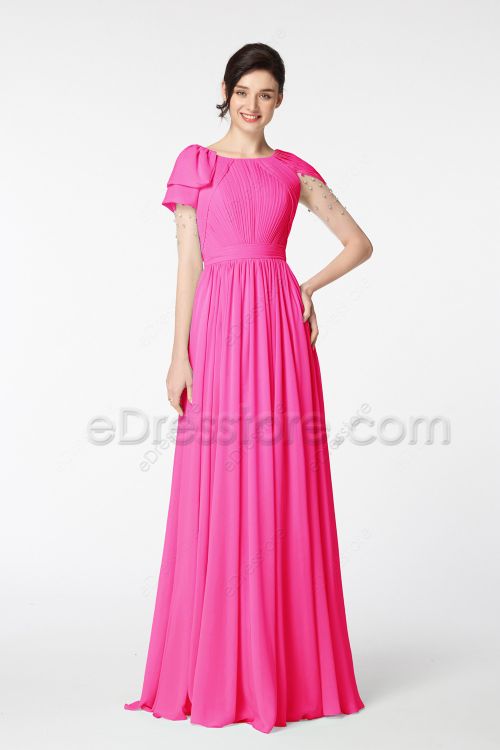 Modest LDS Beaded Hot Pink Bridesmaid Dresses with Sleeves