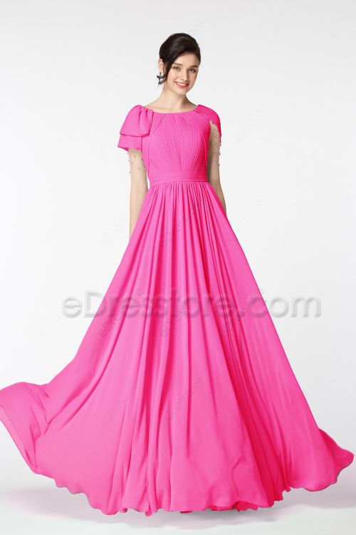 Modest LDS Beaded Hot Pink Bridesmaid Dresses with Sleeves