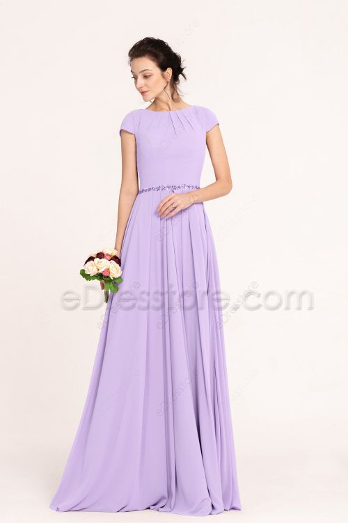 Modest LDS Beaded Lilac Bridesmaid Dresses