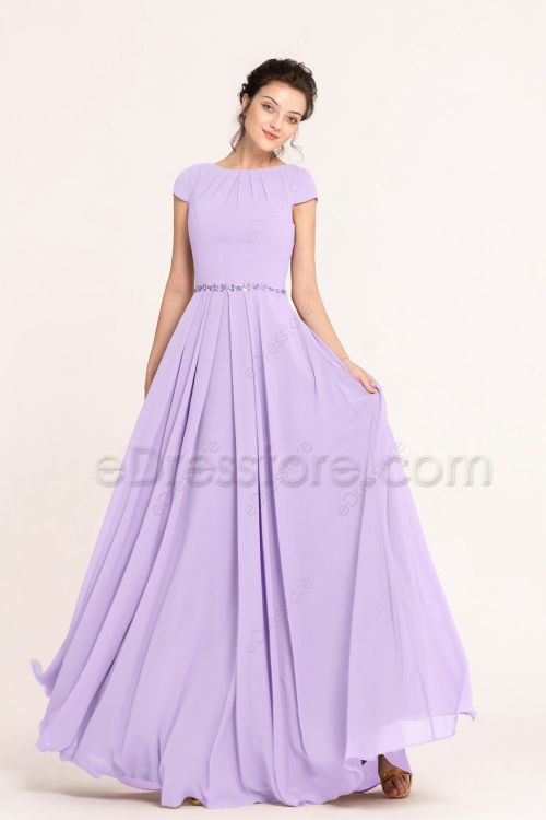 Modest LDS Beaded Lilac Bridesmaid Dresses