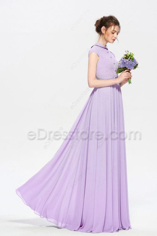 Modest LDS Beaded Lilac Bridesmaid Dresses