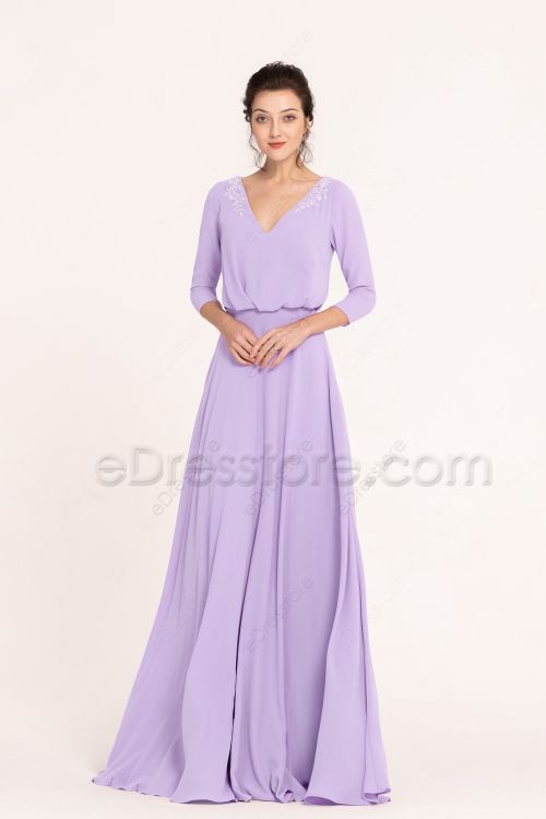 Modest LDS Beaded Lilac Bridesmaid Dresses with Sleeves