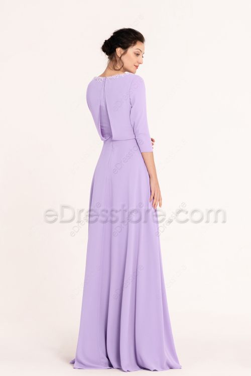 Modest LDS Beaded Lilac Bridesmaid Dresses with Sleeves