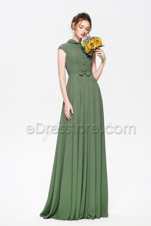 Modest LDS Beaded Moss Green Bridesmaid Dresses