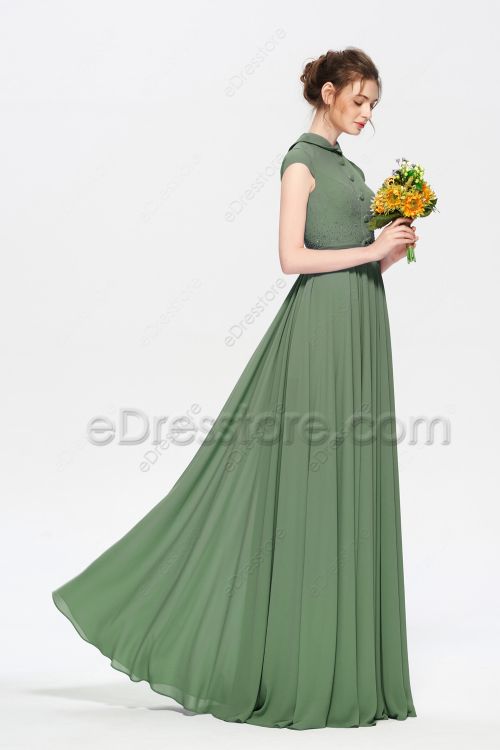 Modest LDS Beaded Moss Green Bridesmaid Dresses