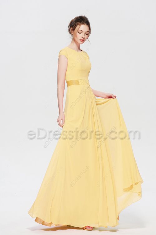 Modest LDS Beaded Pale Yellow Bridesmaid Dresses Cap Sleeves
